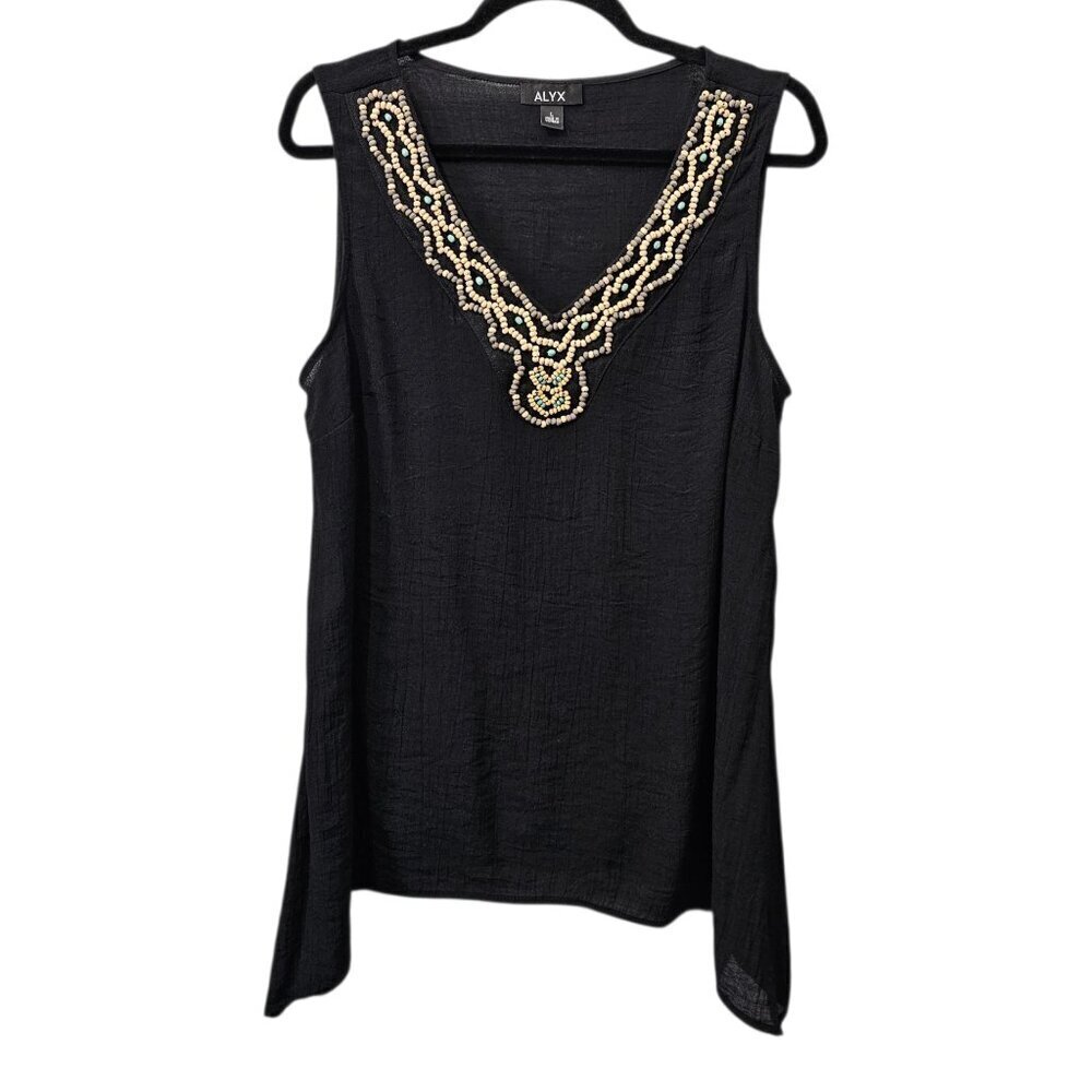 ❤️ALYX V Neck Boho Beaded Gauzy Black Tank Top